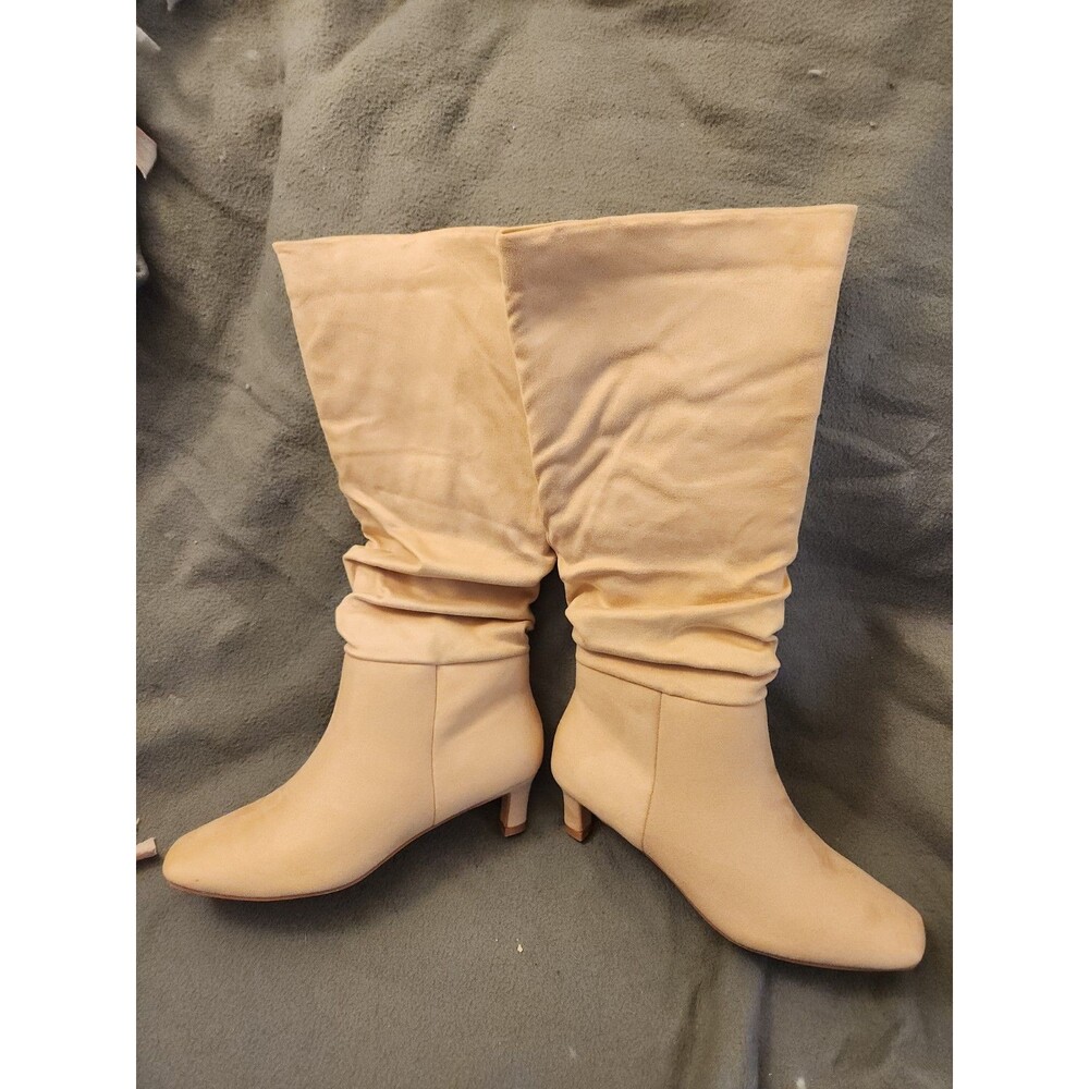 Coutgo Slouchy Knee High Boots Beige Pointed Toe Faux Suede Size 7